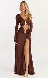 Sahara Maxi Dress - Robe longue à découpes et liseré doré couleur chocolat