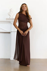 Sleek Off-Shoulder Sheer Maxi Dress Chocolate