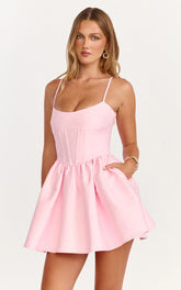 Louisa Mini Dress - Boned Bodice Lace-Up Back Dress in Soft Pink
