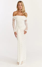 Melville Maxi Dress - Off-the-Shoulder Long Sleeve Lace Dress in White
