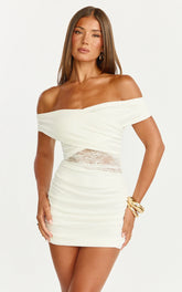 Juliet Mini Dress - Off-Shoulder Lace Contrast Dress in Ivory