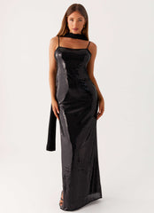 Scarf Neck Sequin Maxi Dress - Black
