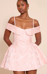 Pink Jacquard Off-the-Shoulder Shift Dress