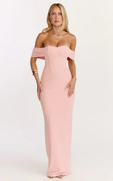 Karina Maxi Dress - Off-Shoulder Corset Bodice Lace-Up Back Dress in Pink