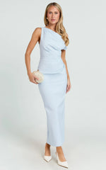 Alexandria Midi Dress - Blue Draped Fitted Dress with Shoulder Detail