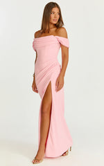 Marcel Maxi Dress - Off-Shoulder Corset High Slit Dress in Pink