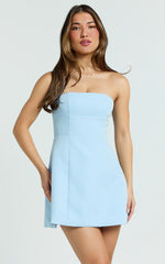 Catharine Mini Dress - Blue Strapless A-Line Dress