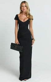 Veronika Maxi Dress - Off-Shoulder Plunge High Split Dress in Black