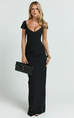 Veronika Maxi Dress - Off-Shoulder Plunge High Split Dress in Black