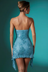 Robe courte bandeau en dentelle ornée bleue