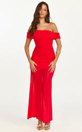 Victoria Maxi Dress - Red Off-the-Shoulder Fit and Flare Dress