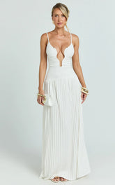 Hathaway Maxi Dress - U-Shaped Neck Pleated Dress in Ivory