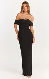 Karina Maxi Dress - Off-Shoulder Corset Bodice Lace-Up Back Dress in Black