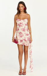 Lila Mini Dress - Cowl Neck Asymmetric Frill Skirt Dress in Toile De Jouy Print