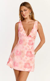 Lima Mini Dress - Plunge Neck Floral Embellished A-Line Dress in Pink