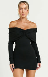 Rani Mini Dress - Off-Shoulder Long-Sleeve Bodycon Dress in Black