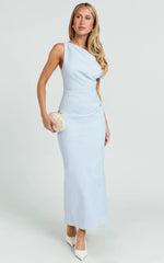 Alexandria Midi Dress - Blue Draped Fitted Dress with Shoulder Detail