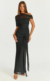 Nicolette Maxi Dress - Cape Sleeve Off-Shoulder Dress in Black