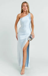 Isla Maxi Dress - Satin One-Shoulder Side Split Dress in Sky Blue