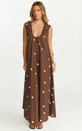 Simone Maxi Dress - U Halter Neck Linen Polka Dot Dress in Chocolate