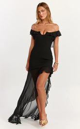 Theadore Maxi Dress - One-Shoulder Asymmetric Hem Dress in Black