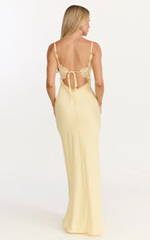 Kyra Maxi Dress - Lemon Lace Bust and Tie Back Satin Dress