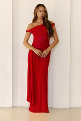 Sleek Off-Shoulder Sheer Maxi Dress Red