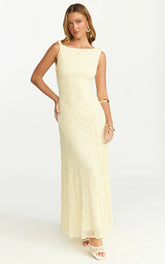 Madeleine Maxi Dress - High Neck A-Line Dress in Lemon