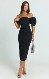 Lohan Midi Dress - Off-Shoulder Puff Sleeve in Black