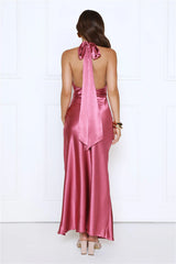 Cherry Glow Halter Satin Maxi Dress Pink