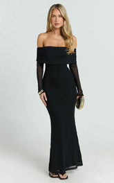 Bethanie Maxi Dress - Off-the-Shoulder Mesh Dress in Black