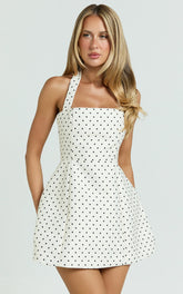 Dante Mini Dress - Halter Neck Tie Tulip Skirt Dress in White Polka Dot