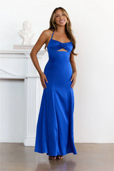 Chic and Irresistible Satin Halter Maxi Dress Blue