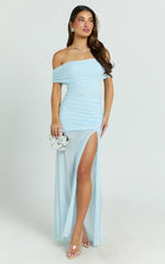 Leticia Maxi Dress - Blue Mesh Off Shoulder Ruched High Split Dress
