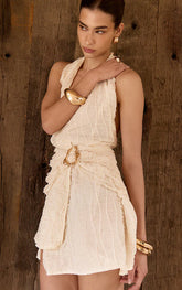 Robe trapèze ceinturée col en V à texture naturelle