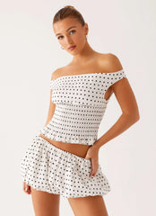 Heather Off-Shoulder Top - White Black Polka Dot
