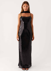 Scarf Neck Sequin Maxi Dress - Black