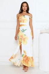 Crown Affair Off-Shoulder Mesh Maxi Dress White