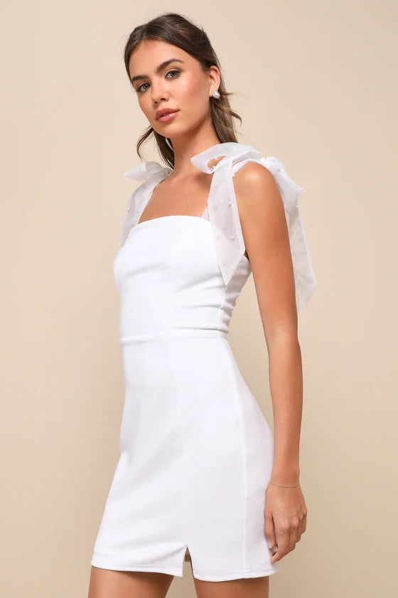 Robe Courte Organza Rose Perle Bretelles Fines Beaming Perfection
