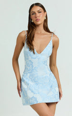 Gianni Mini Dress - Plunge A-Line Low Back Dress in Light Blue