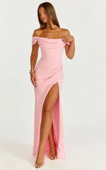 Marcel Maxi Dress - Off-Shoulder Corset High Slit Dress in Pink