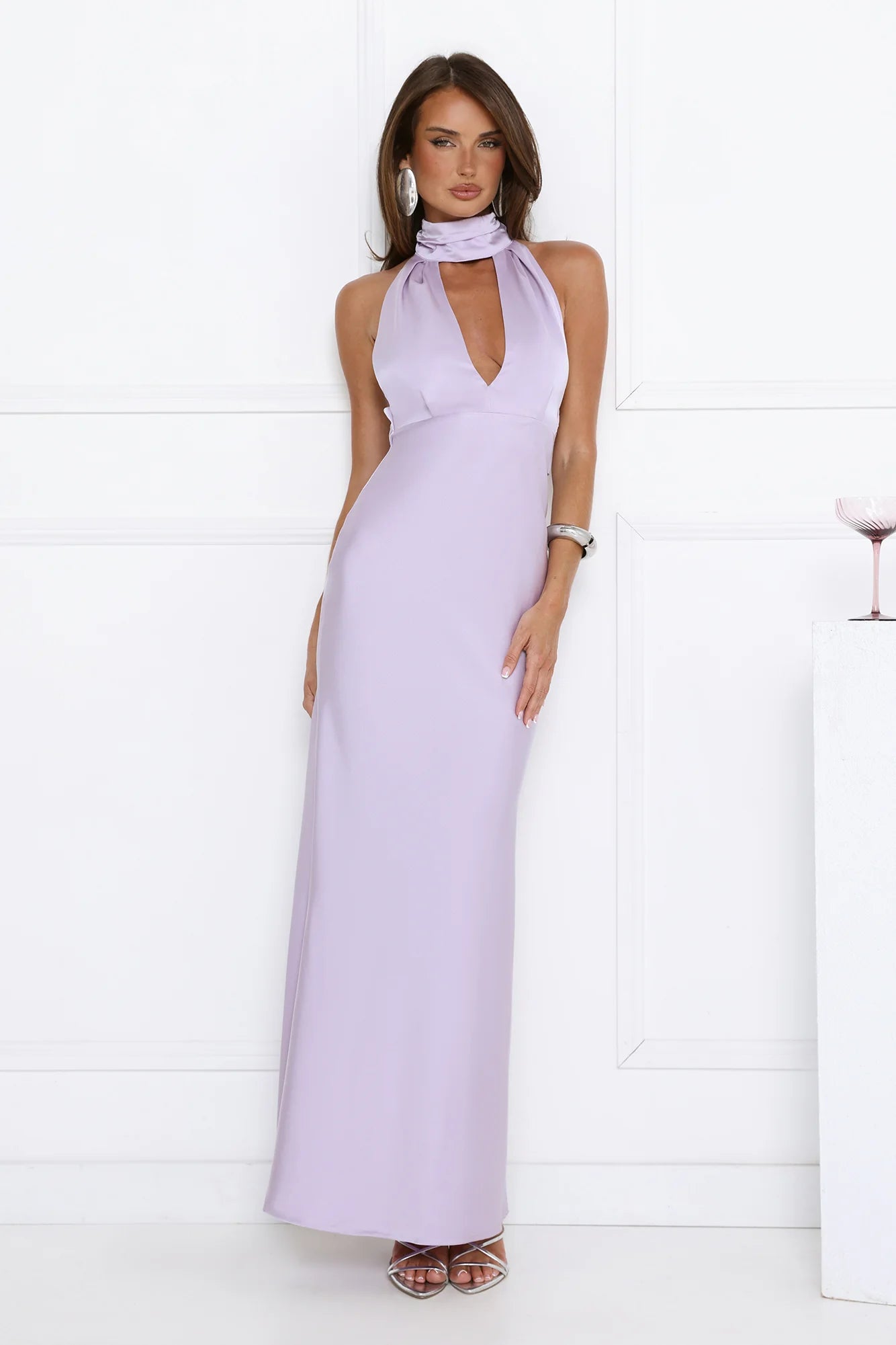 Robe longue en satin à licou Summer Flame Kiss Lilas