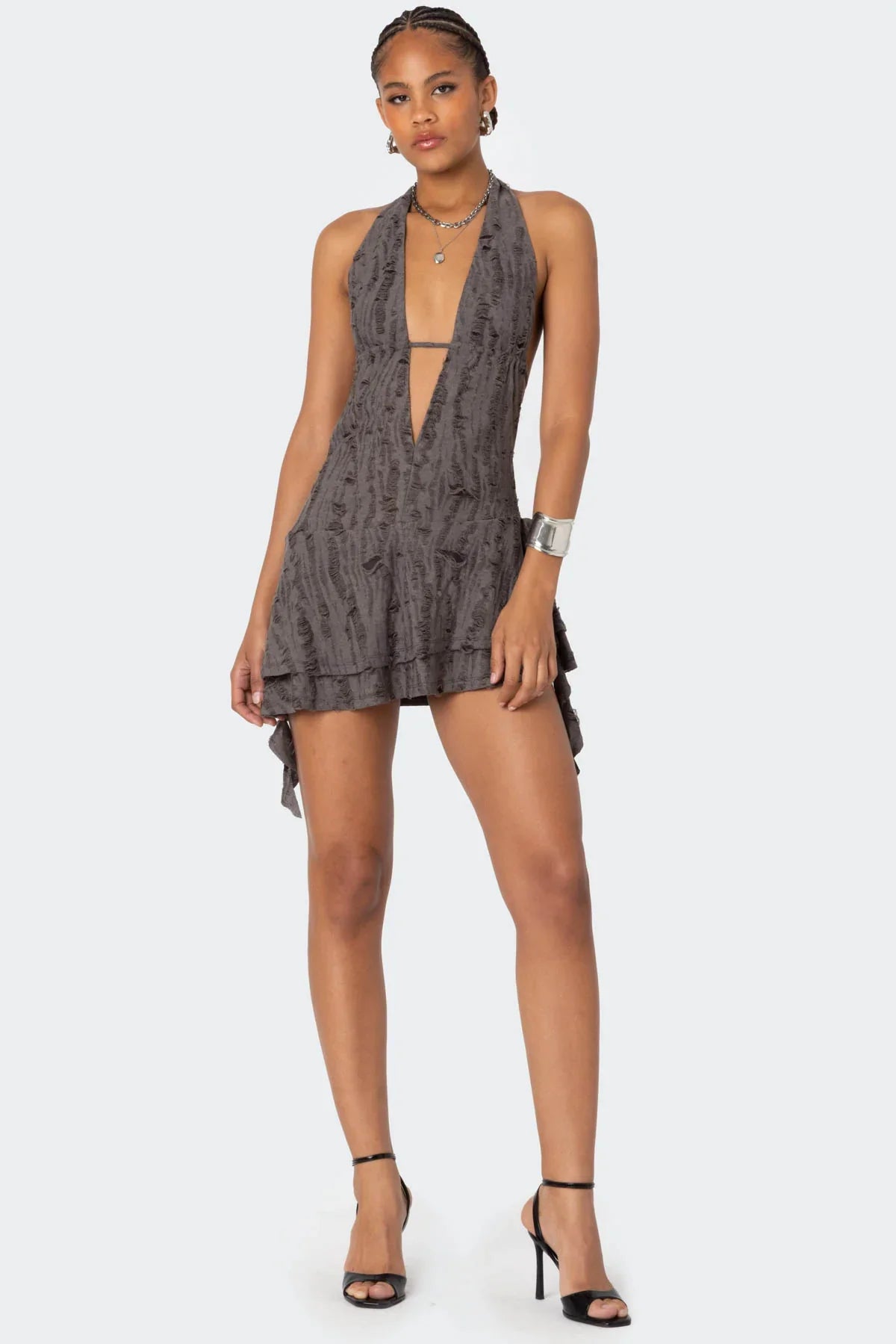 Mini-robe dos nu déchiquetée à col bénitier