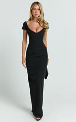 Veronika Maxi Dress - Off-Shoulder Plunge High Split Dress in Black