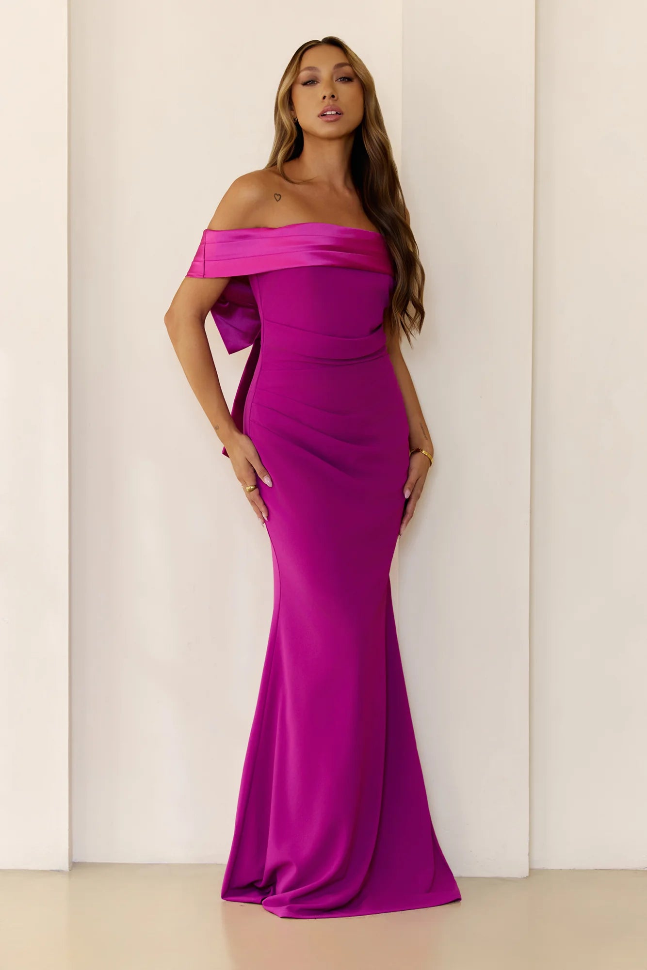 The Sleek Soiree Off Shoulder Maxi Dress Plum