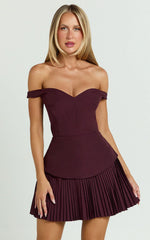 Izara Mini Dress - Off-Shoulder Pleated Dress in Wine