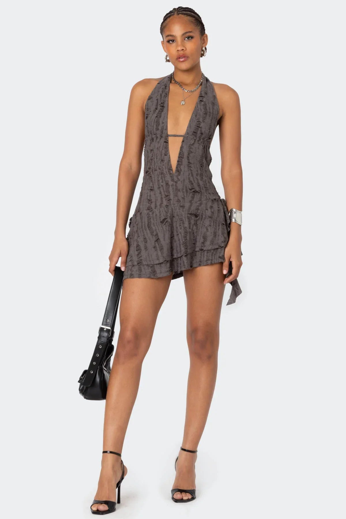 Mini-robe dos nu déchiquetée à col bénitier