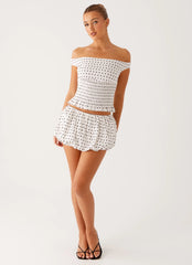 Heather Off-Shoulder Top - White Black Polka Dot