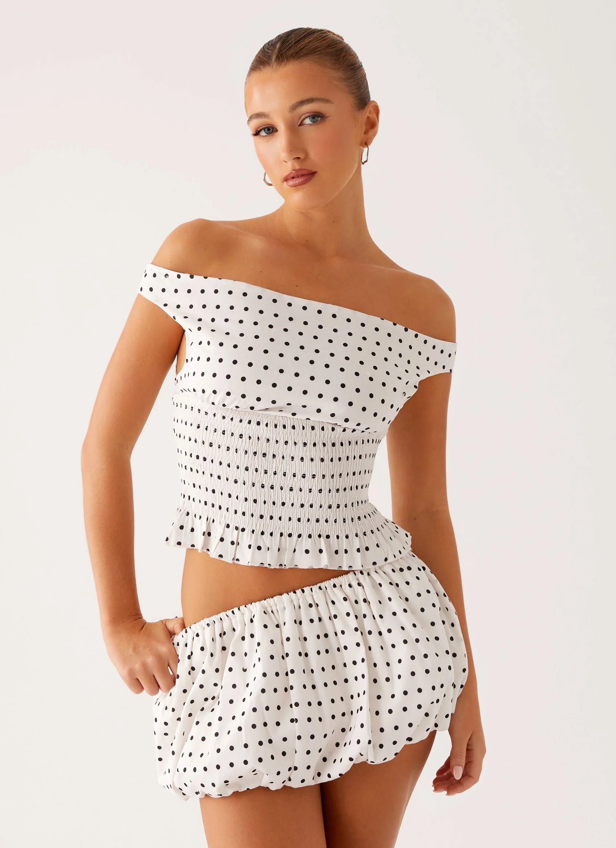 Heather Off-Shoulder Top - White Black Polka Dot