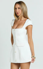 Patsy Mini Dress - White Boucle Cap Sleeve Button Front Fitted Dress
